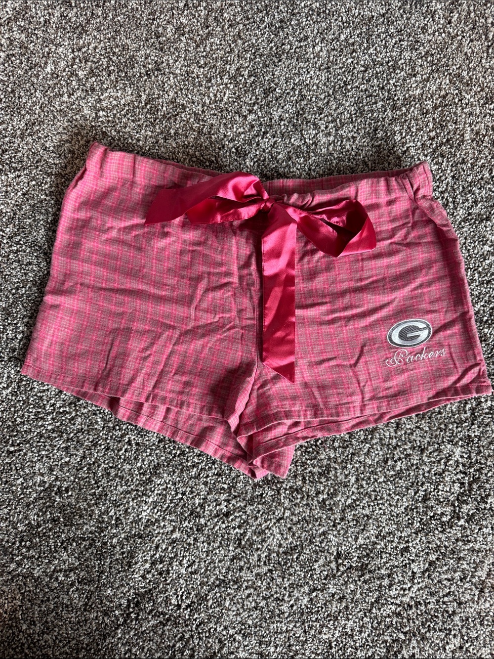NFL Packers Pink Plaid Women's Sleep Shorts with Satin Bow